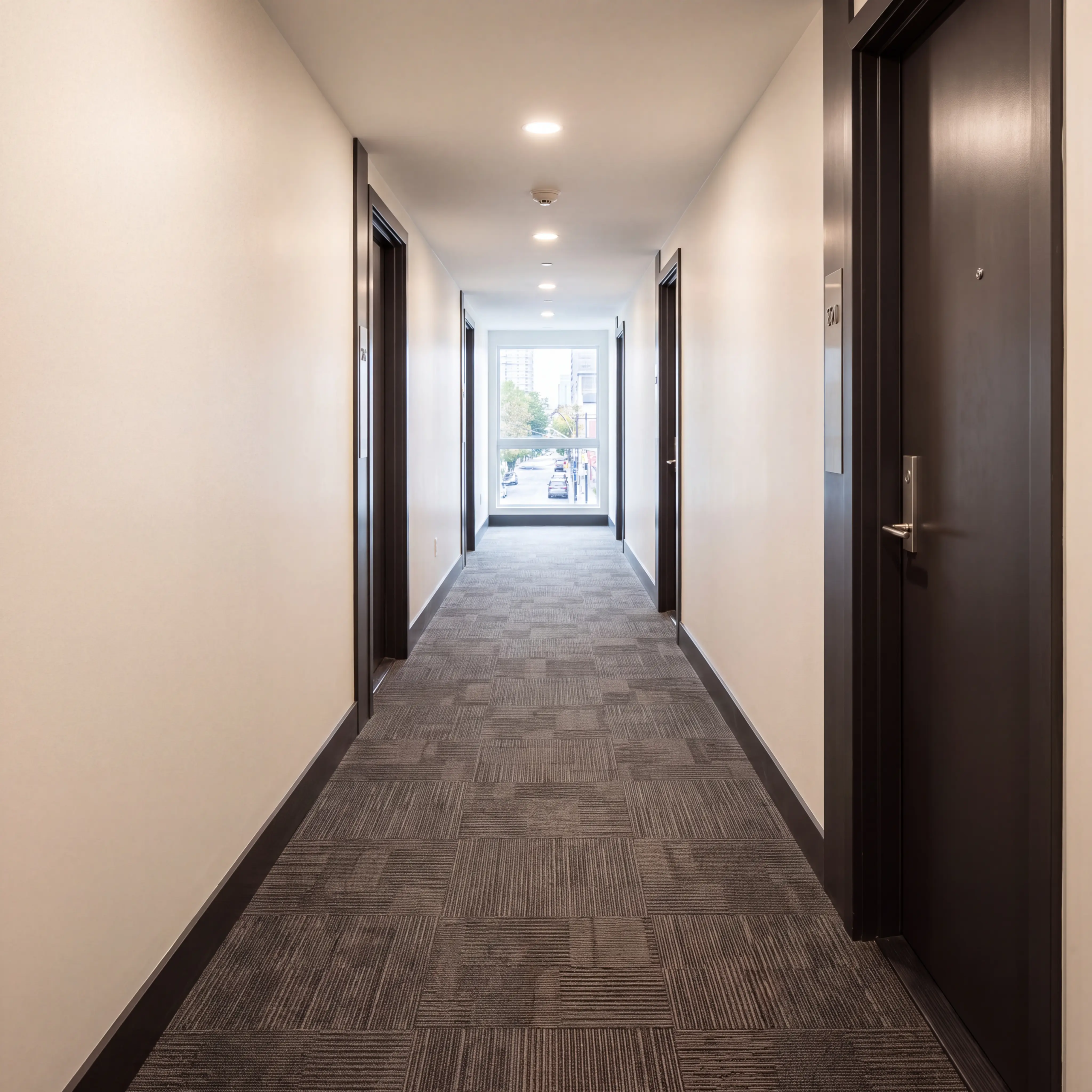 Newly refurbished Toronto condo corridor with commercial carpet tile flooring dark charcoal suite doors and recessed LED downlights