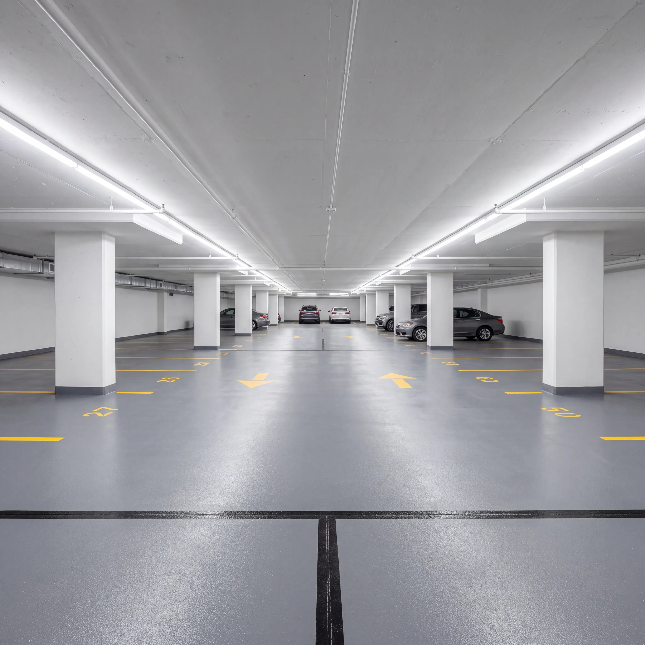 Freshly restored Toronto condominium underground parking garage with grey traffic coating bright LED lighting and crisp yellow line painting