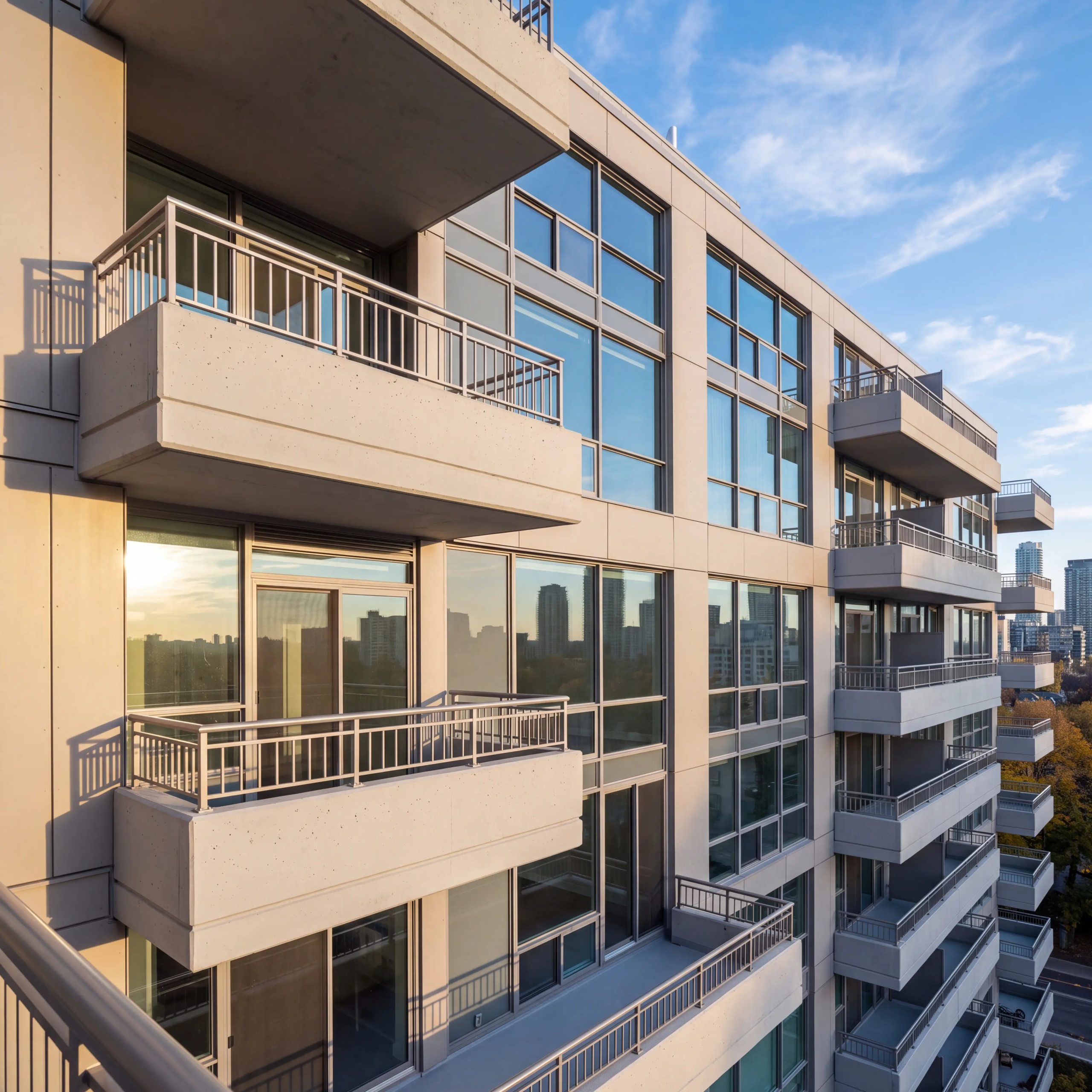 Restored Toronto high rise condominium exterior facade with new aluminum windows fresh balcony waterproofing and fibre cement cladding